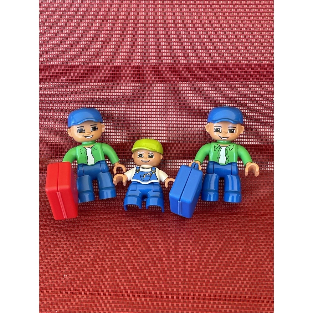 LEGO DUPLO Figures MiniFig Lot Set Lego Child Green Hat 2 Boys Blue Cap Suitcase